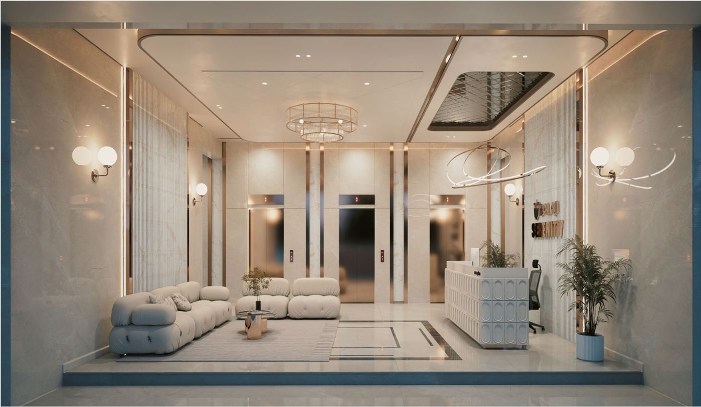 Modern Lobby with Reception at Balaji Serenity . Vinay Nagar . Arihant Associates . Mira Road East.